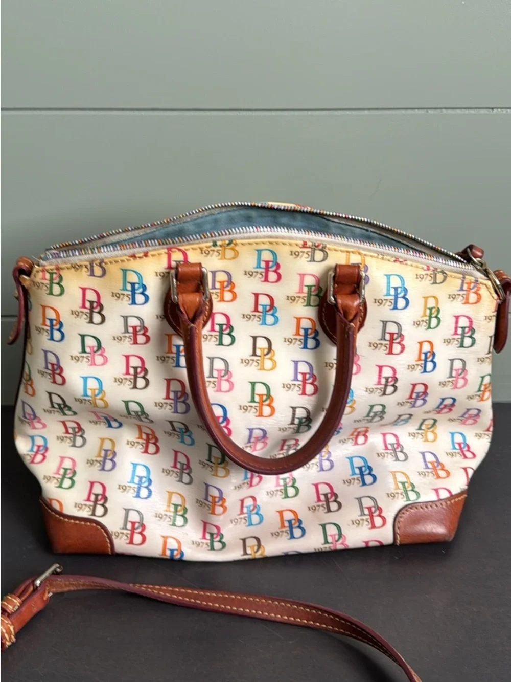 Vintage Dooney & Bourke Multicolor Monogram Satchel with Tan Leather Trim